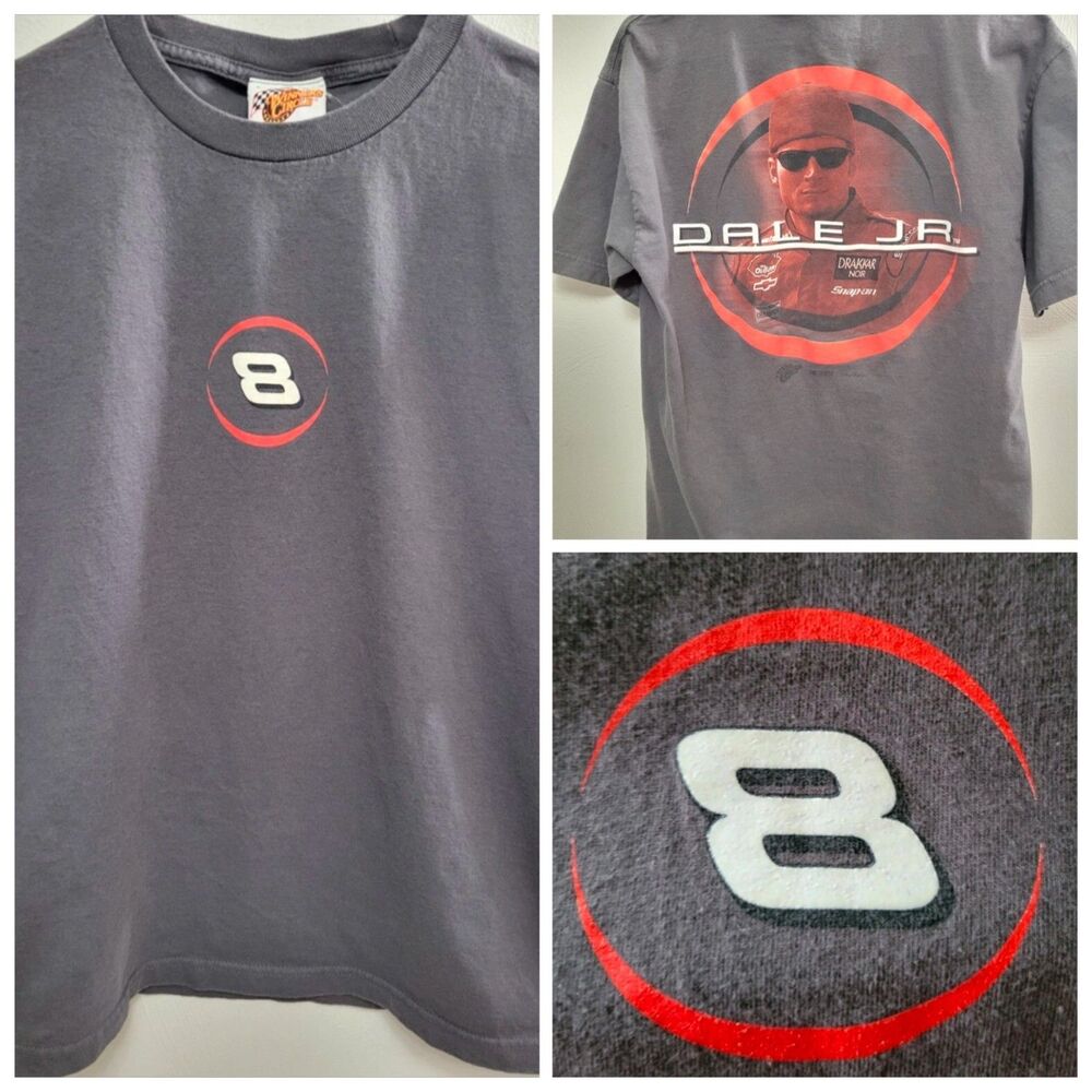 Vintage Dale Earnhardt Jr. Large Gray Double Sided T-Shirt Drakkar/Snap-on